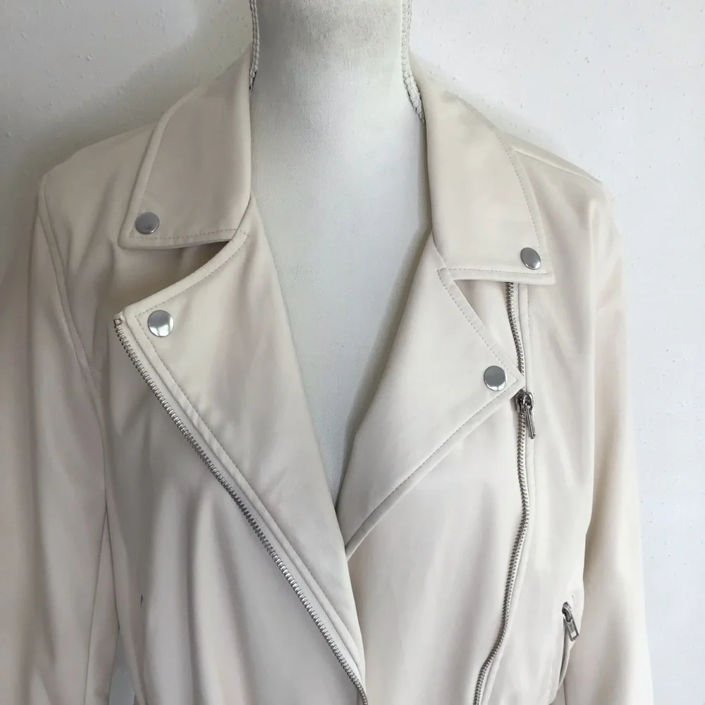 AND NOW THIS WOMEN STYLISH CREAM FAUX LEATHER COLLARED ZIPPER MOTO JACKET SZ L - Picture 4 of 12